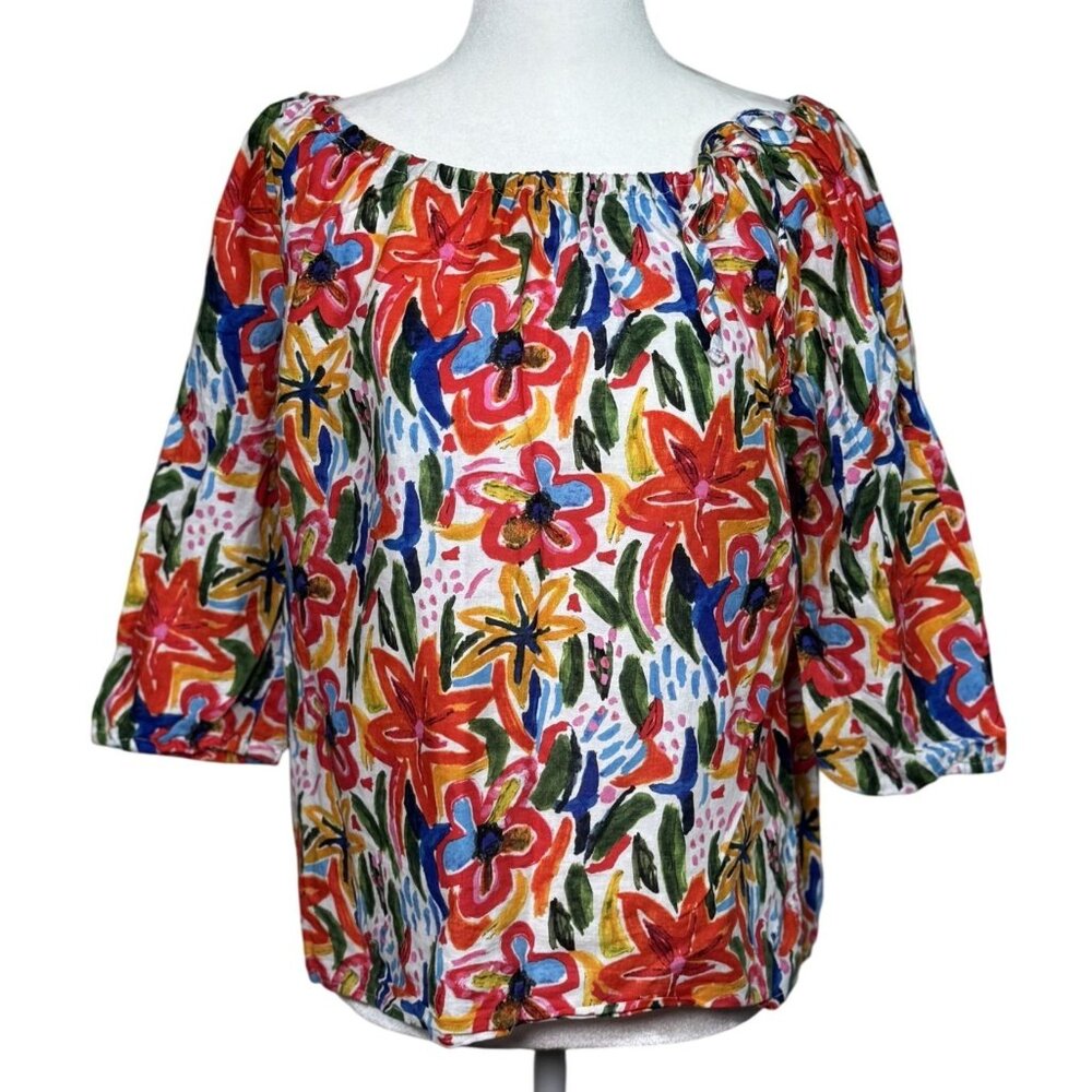 Hester & Orchard Linen Blend Size M Colorful Womens 3/4 Sleeve Shirt Cotton/Line